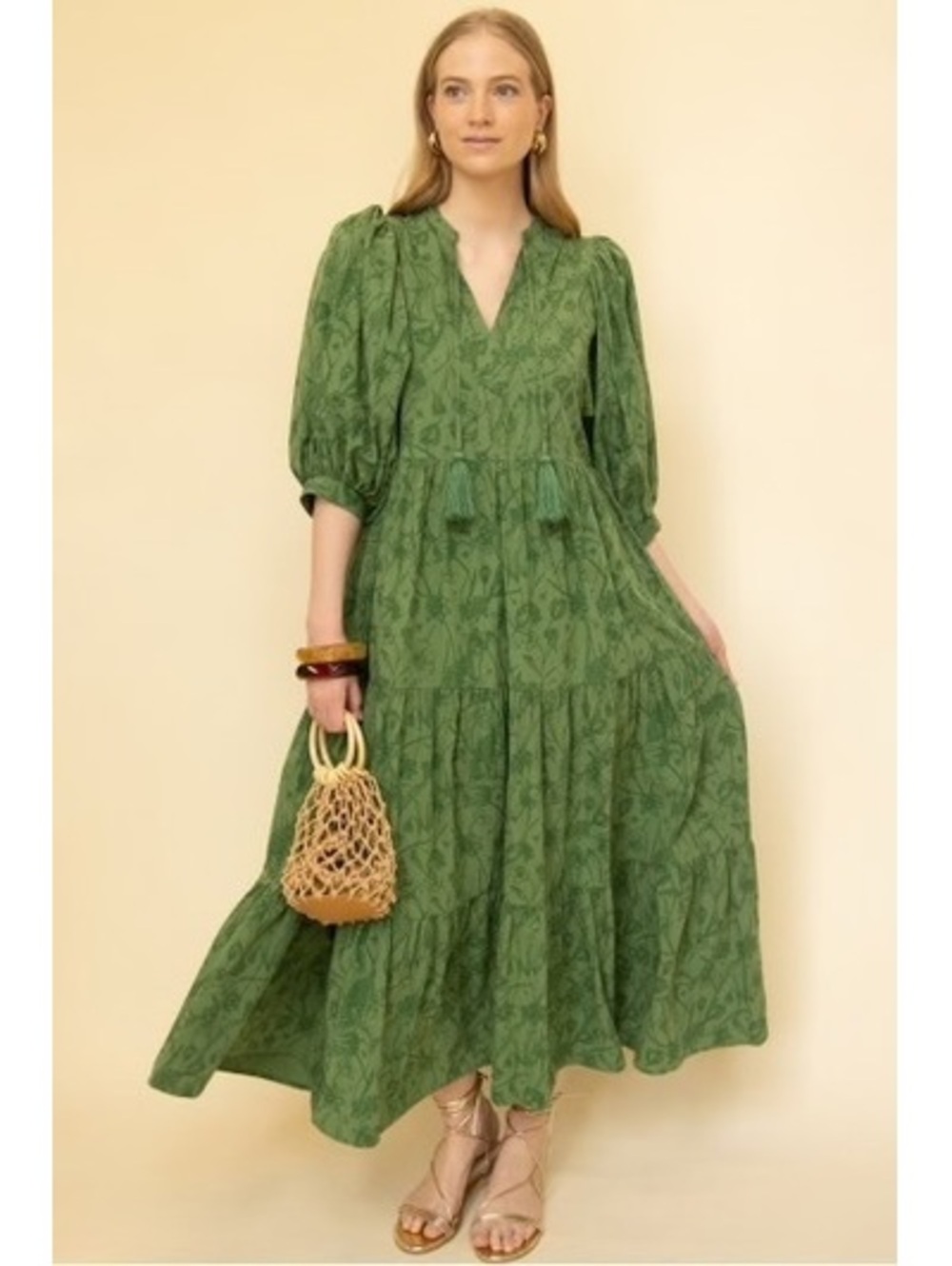 Before You With Love Green Floral Tiered Maxi Dress Size S NWT Boho Puff Sleeve